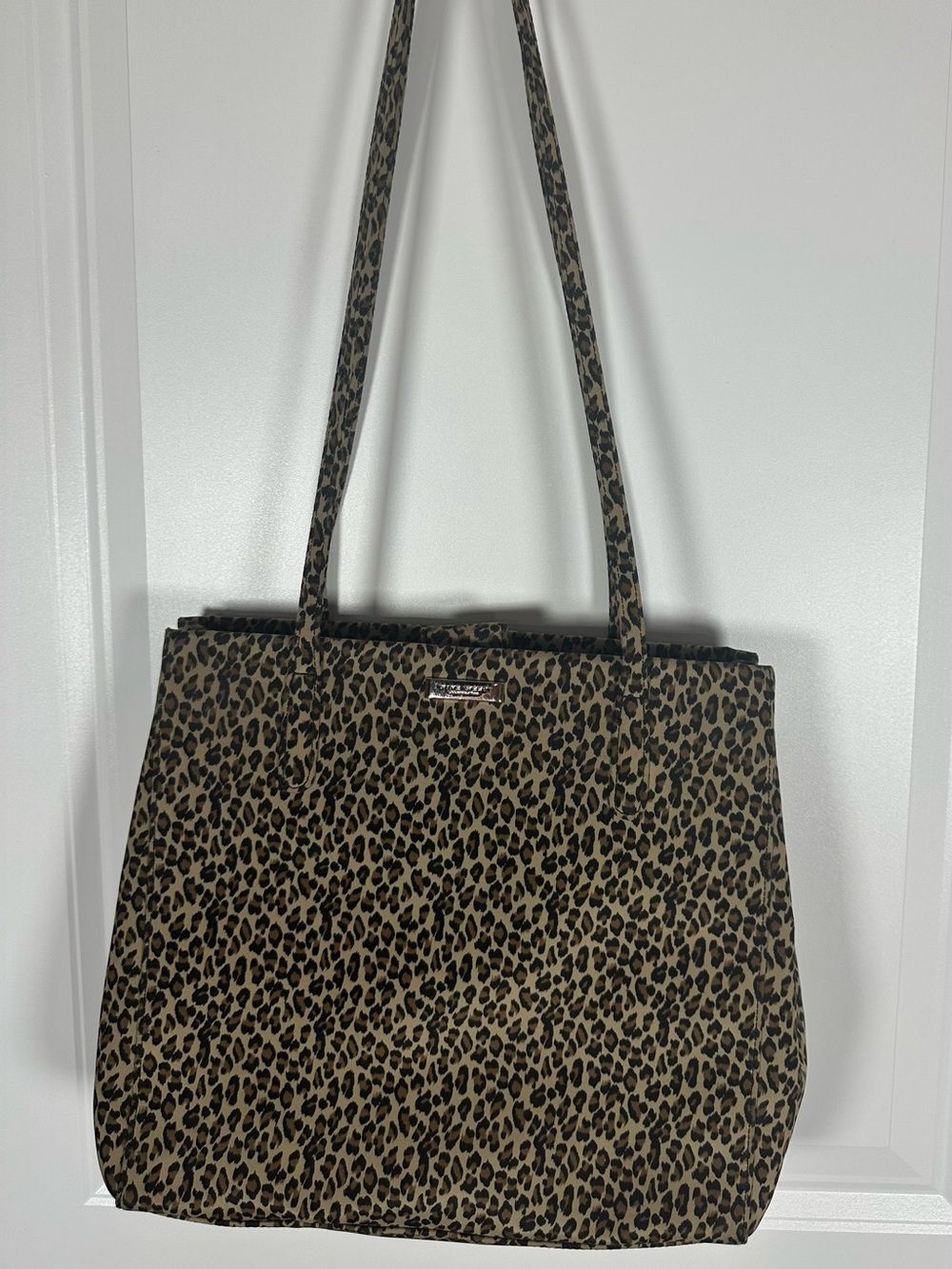 Nine West Leopard Print Tote Bag Shoulder Purse Snap Closure Black and Tan